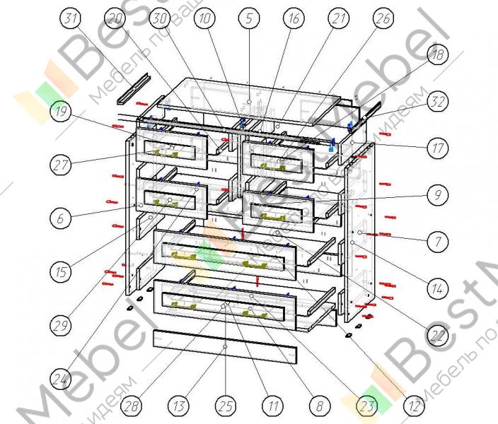 Схема сборки комода 5 ящиков